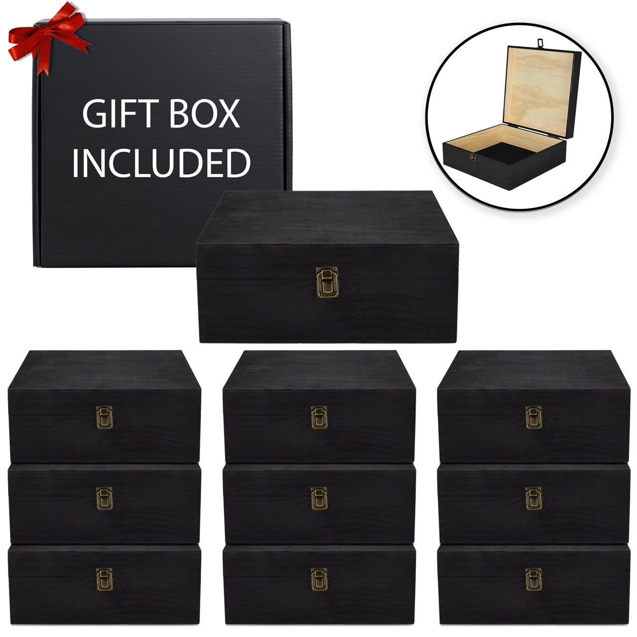 MakerFlo Large Pine Wood Memory Box with Black Felt Inside and Hinged with Clasp of Front, Keepsake Wooden Box Ideal for Craft and Personalization (Laser Engraving, Epoxy, UV DTF, and Vinyl)